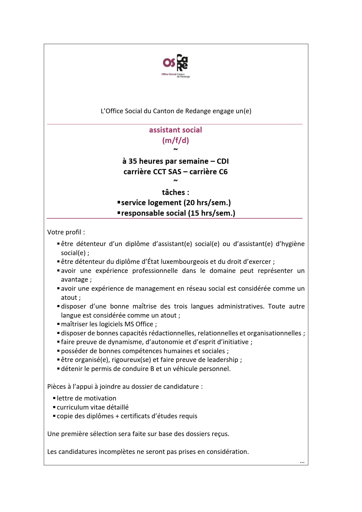 OSCARE | Annonce d'emploi → Assistant(e) social(e)