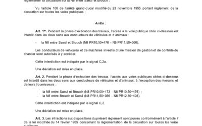 Règlement ministériel du 12 août 2026 concernant la réglementation temporaire de circulation sur la N8 entre Saeul et Brouch → Route barrée à cause des travaux du 24 août 2026 au 11 septembre 2026