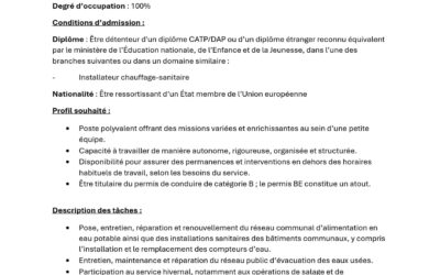 Avis | L&rsquo;Administration communale de Saeul recrute un salarié au sein du service technique pour les besoins de l&rsquo;équipe eaux/infrastructures
