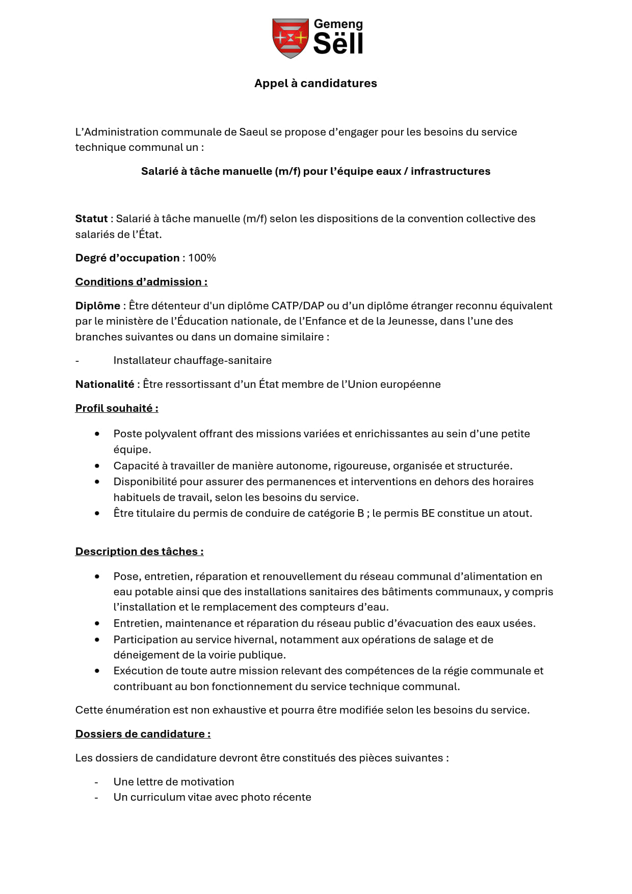 Avis | L'Administration communale de Saeul recrute un salarié au sein du service technique pour les besoins de l'équipe eaux/infrastructures