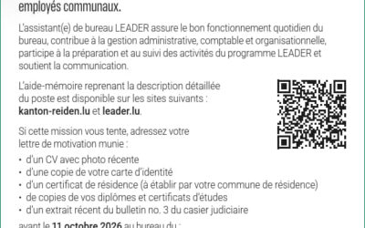 Le Syndicat Intercommunal « De Réidener Kanton » embauche pour le compte du LEADER Wëlle Westen | Assistant(e) au sein du bureau LEADER Wëlle Westen | CDD (remplacement de 6 mois) à raison de 20h/semaine | statut salarié(e) à tâche intellectuelle B1 (administratif)