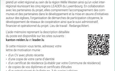 Le Syndicat Intercommunal « De Réidener Kanton » embauche pour le compte du LEADER Wëlle Westen | Chargé(e) de projet pour le projet « D&rsquo;Kierch am Duerf » | CDD sur 2 ans avec une tâche de 20h/semaine | statut salarié(e) A2 (administratif)