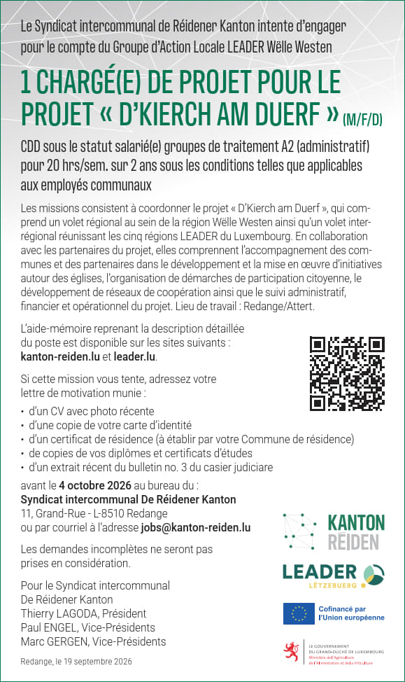 Le Syndicat Intercommunal « De Réidener Kanton » embauche pour le compte du LEADER Wëlle Westen | Chargé(e) de projet pour le projet "D'Kierch am Duerf" | CDD sur 2 ans avec une tâche de 20h/semaine | statut salarié(e) A2 (administratif)