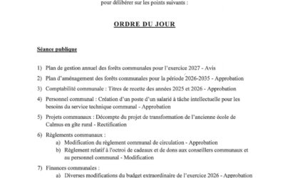 CONVOCATION | Ordre du jour de la séance publique du conseil communal le 28 septembre 2026 à 20h00