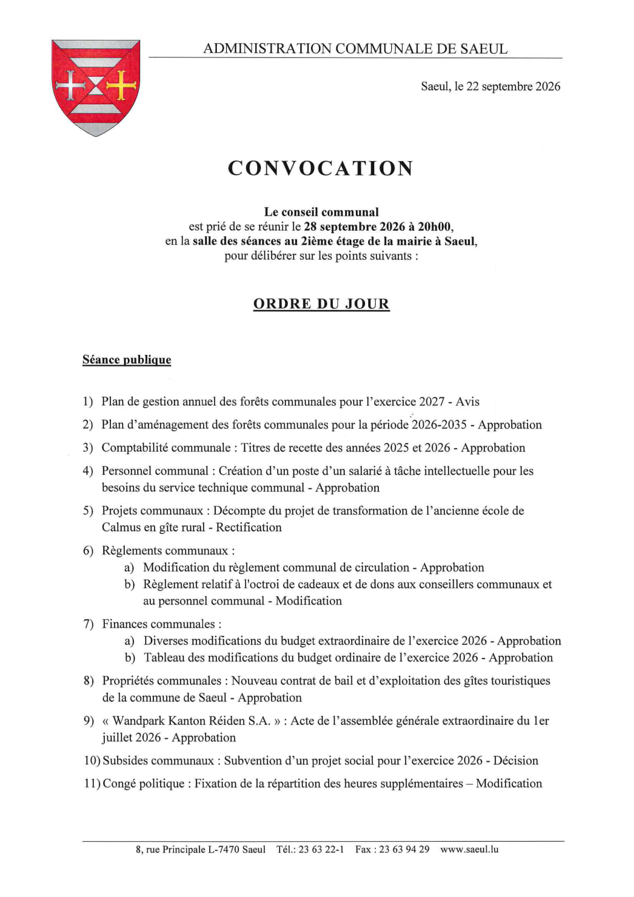 CONVOCATION | Ordre du jour de la séance publique du conseil communal le 28 septembre 2026 à 20h00